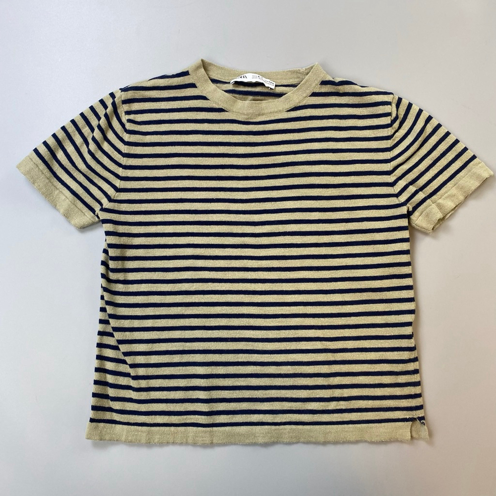 ZARA Kids Knit Tee Size 6 m-7 Stripe Navy Blue Tan Cotton Nautical Summer Preppy